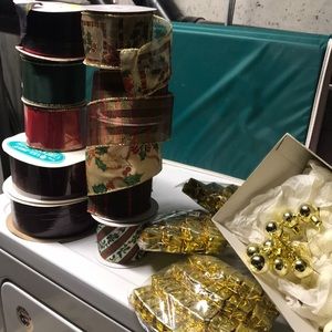 Christmas ribbons foil packages glass balls